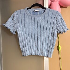 Zara Light Blue Plush Ribbed Knit Crop Top
